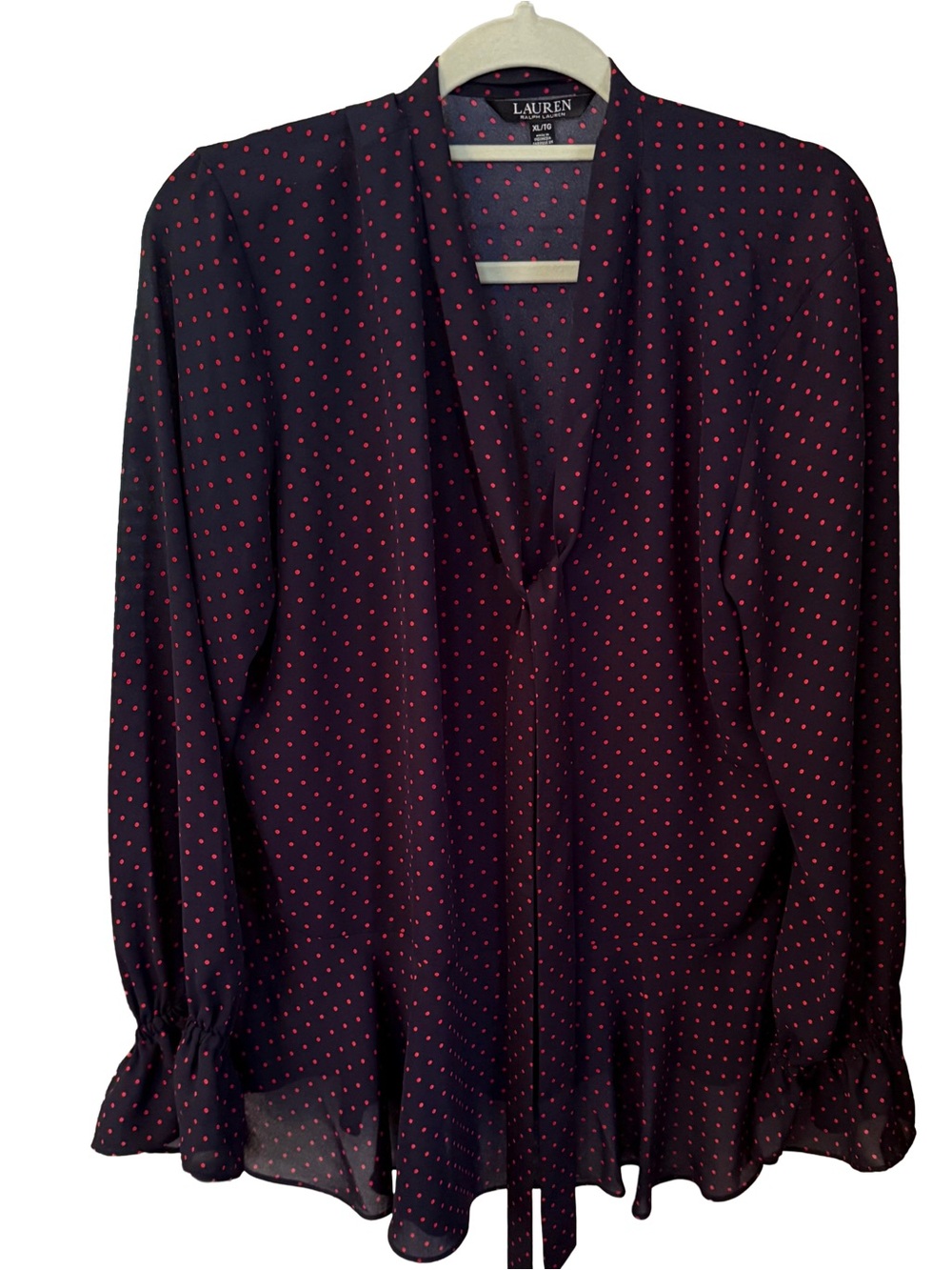 Lauren Ralph Lauren V-Neck W/tie Blouse Ruffles Navy W/red Polka Dots Sz XL NWT